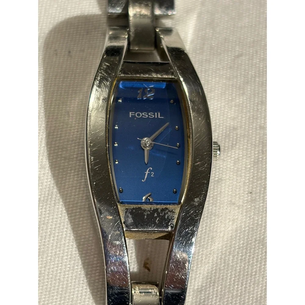 Fossil F2 Womens Silver Tone Blue Dial Rectangle Bracelet Wrist Watch‎ ES-9387